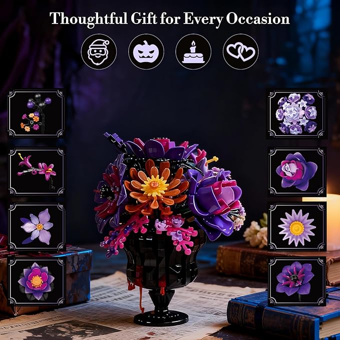 Flowers Bouquet Block Set Elegant Purple Botanical Bouquet with Detailed Instructions for Parent-Child Bonding &amp Creative Achievement Gift Idea with Purple Theme for Lego Decor Lovers or Loved O