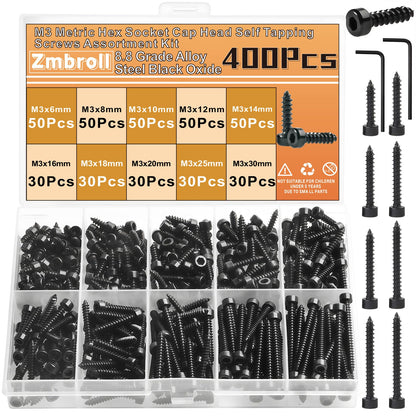 Zmbroll M3 Socket Head Cap Self Tapping Screw Black Grade 8.8 Carbon Steel Metric 400Pcs M3x6/8/10/12/14/16/18/20/25/30mm Socket Allen Head Self Drilling Fasteners Hex Drive Wood Screws