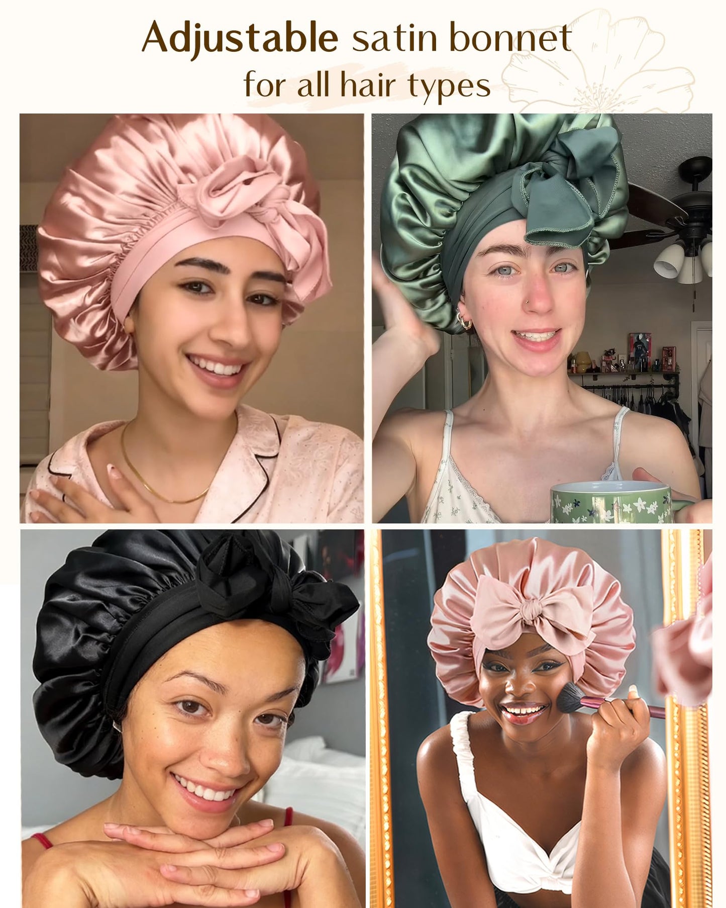 YANIBEST Adjustable Satin Bonnet for Sleeping Women Double Layer Hair Wrap Reduce Friction Prevent Frizz Natural Curly Hair, Blush Pink