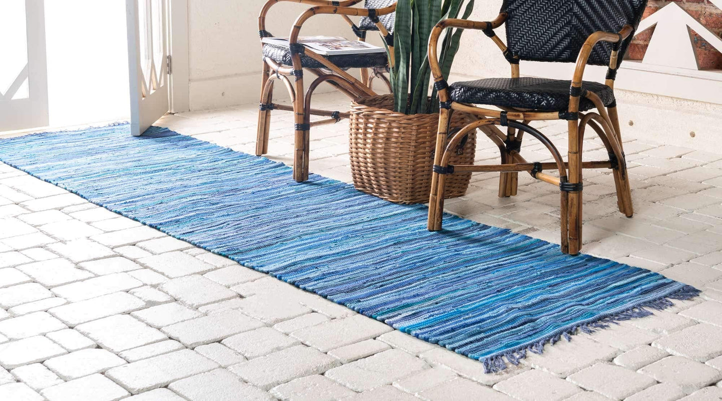 Unique Loom Chindi Cotton Collection Soft Hand Woven Natural Fiber Striped Area Rug, 2 ft 7 in x 9 ft 10 in, Navy Blue/Ivory