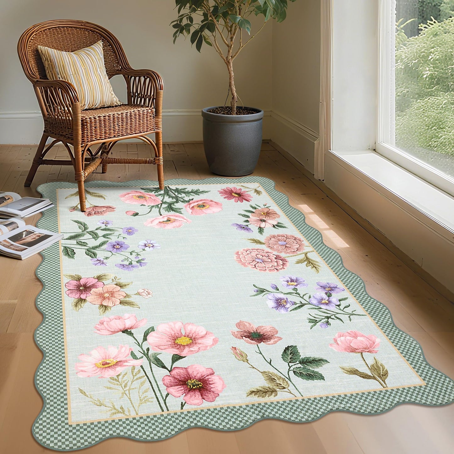 GarveeHome Floral Scalloped Living Room Rug, 5x7 Area Rugs Ultra-Thin Soft Washable Rug, Non-Slip Rugs for Bedroom Stain Resistant Boho Low-Pile Throw Carpet for Dining Room Nursery, Blue