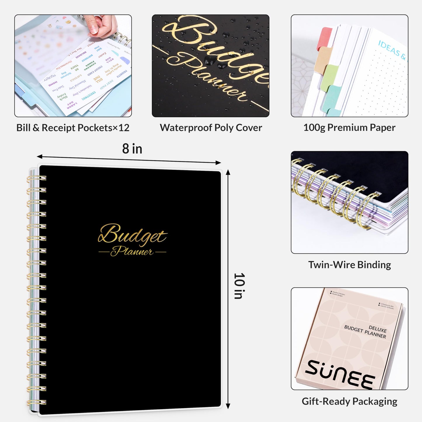 SUNEE Budget Planner - Deluxe Monthly Budget Book with 12-Pockets for Bill Organizer, Undated 12 Month Expense Tracker Notebook & Account Book B5 Size (8" x 10") to Manage Your Finance Planner, Black