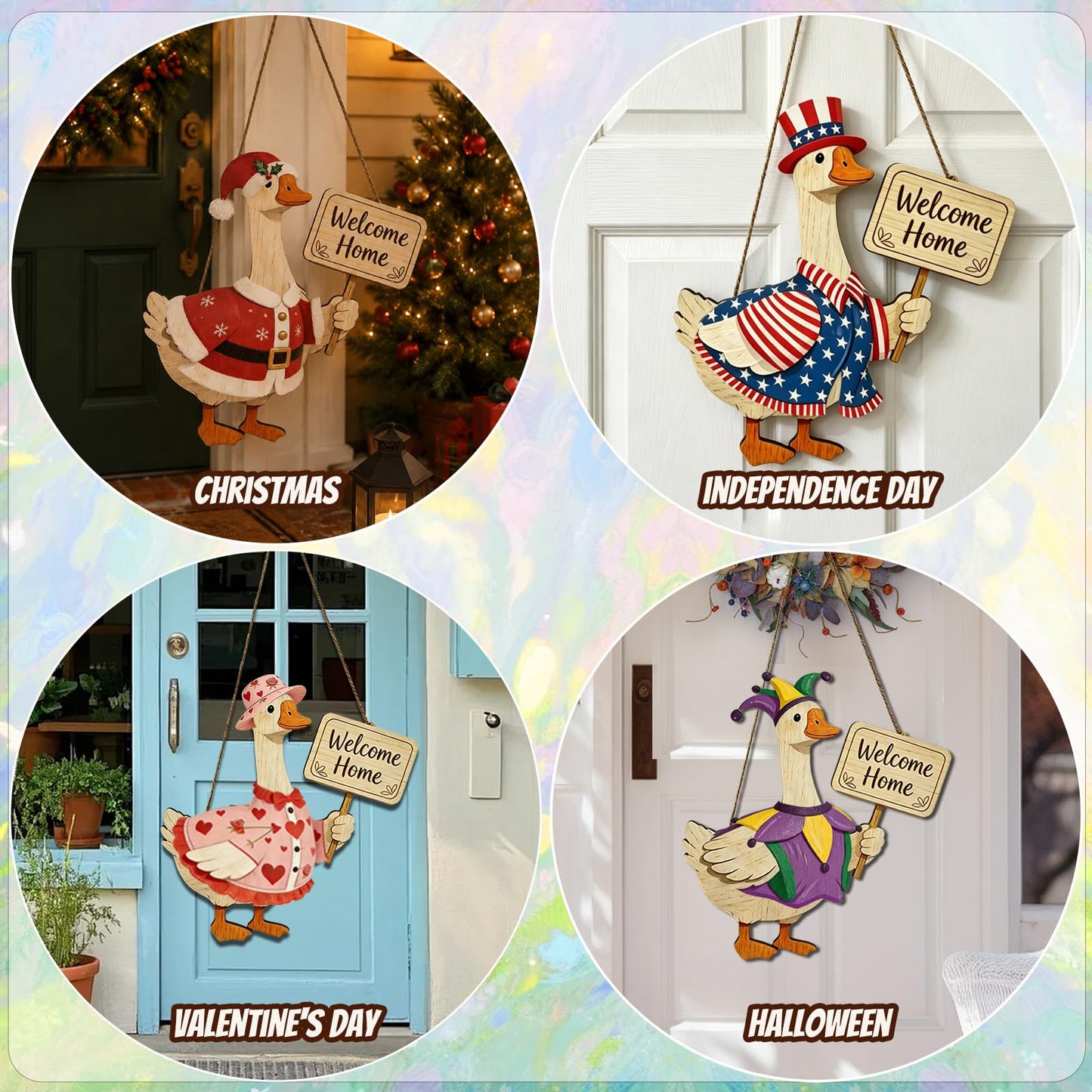 16PCS Interchangeable Wooden Goose Decor, 11.8 Inch Holiday Seasonal Welcome Changeable Clothes with Magnetic Geese Signs Rustic Farmhouse Hanging Decorations for Porch Home Outdoor Holiday Vacation