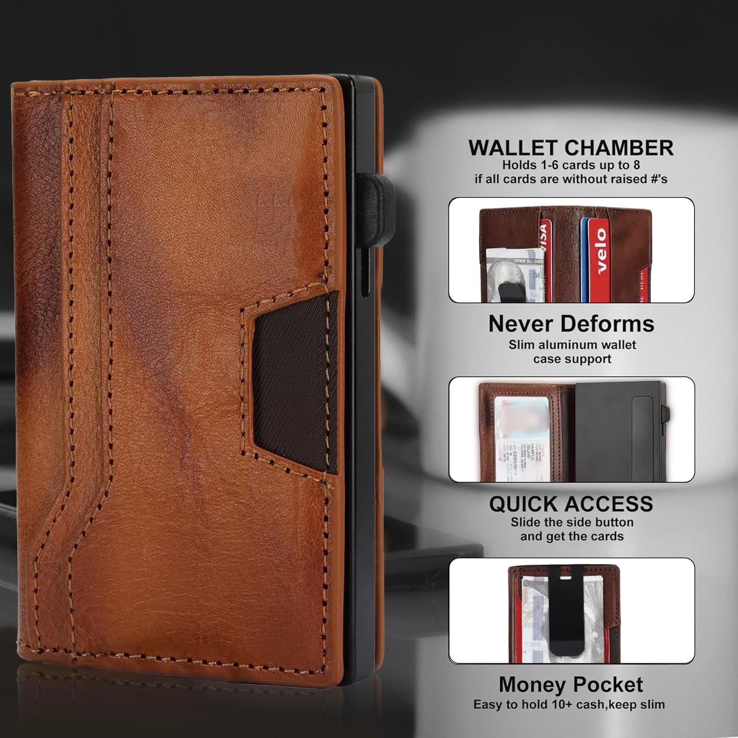 RFID Blocking Wallet for Men, Aluminum Pop Up Credit Card Holder with Money Clip,Holds 10+ Cards Slim Leather Minimalist Front Pocket Wallet, Gifts for Men