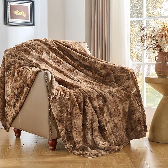 Krifey Faux Fur Throw Blanket for Couch Bed, 3D Marble Texture Soft Throws, Cozy Fuzzy Plush Thick Warm Blanket, Faux Rabbit Fleece, Christmas Birthday Gifts for Men Dad, Tie Dye Brown, 50x60in