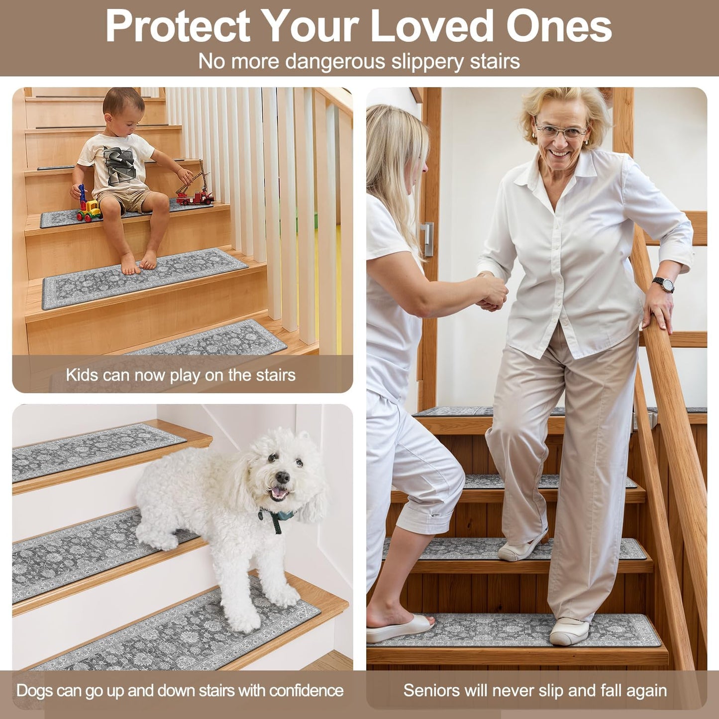 OJIA Non-Slip Stair Treads Matching Mat for Wooden Steps, Square Rubber Backing Anti-Slip Stair Carpet Landing Mat Stair Rugs 31x31 inch, Gray