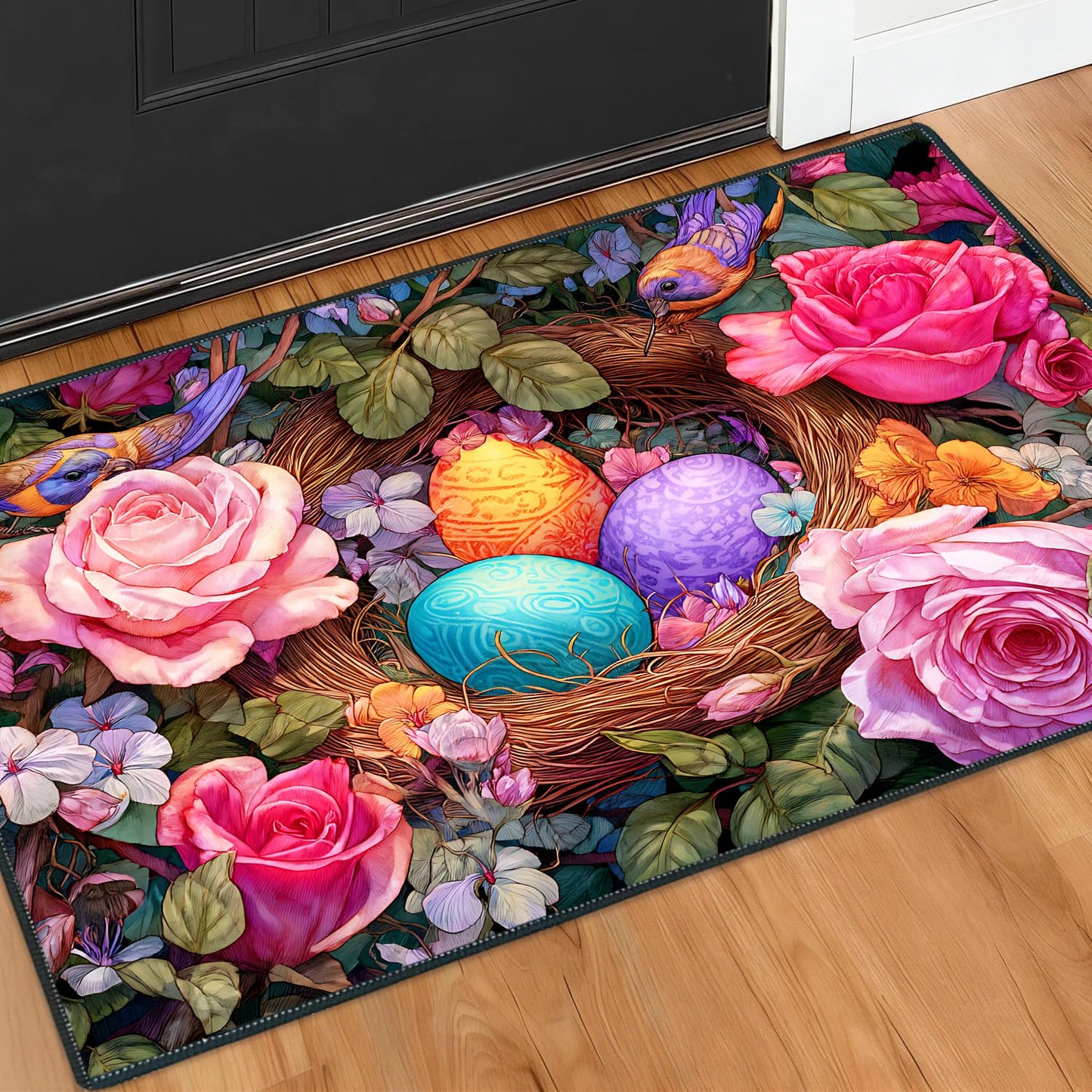 2x3FT Area Rug Spring Eggs Floral Birds Nest Indoor Entryway Rug, Washable Non Slip Front Door Rugs for Hallway Foyer Mudroom Apartment