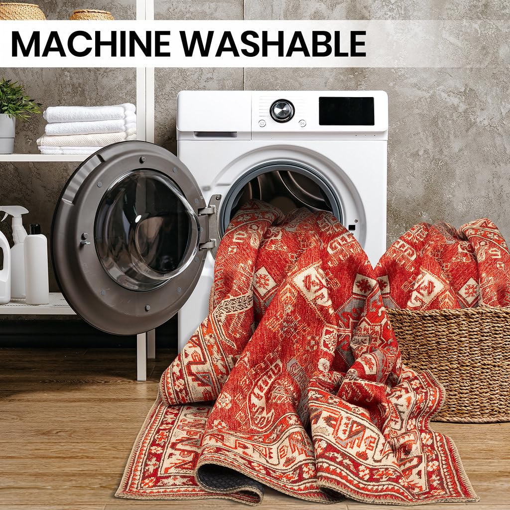 GLN Rugs Vintage - Knossos - Machine Washable Area Rug, Oriental Washable, Non Slip, Low Pile Chenille Area Rug, Living Room, Bedroom, Kitchen Rug - Easy Clean (5'x7' Red and Beige)