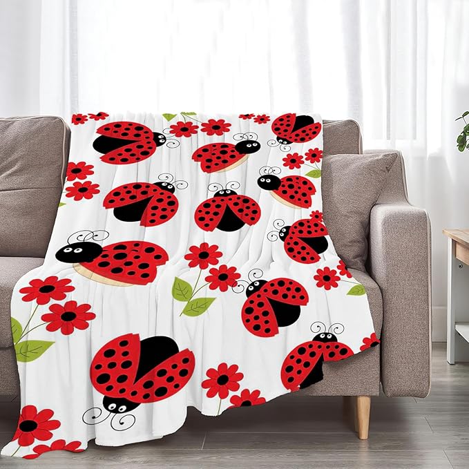 Ladybug Blanket, Lady Bug Cartoon Throw Blankets, Flower Green Leaves Fuzzy Plush Blanket Ultra Soft for Animal Lover Gift Kids Teens Women Men Girls Boys Stuff Decor for Bedding Sofas Couchh 80"X60"