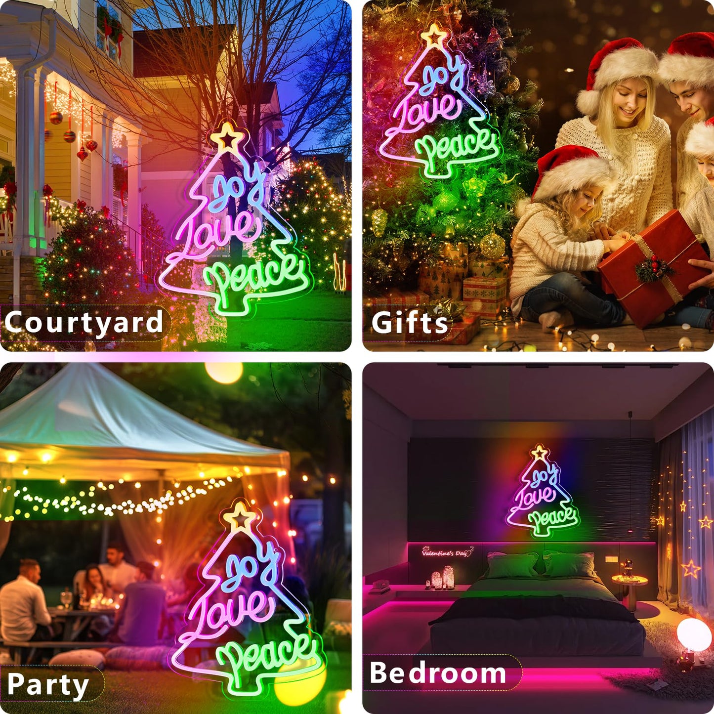 KHK JOY LOVE PEACE Neon Sign CHRISTMAS TREES Led Neon Pink Lights for Bedroom Led Sign USB Powered for Wall Decor Dimmable for Christmas Thanksgiving Birthday Party Girls Gifts