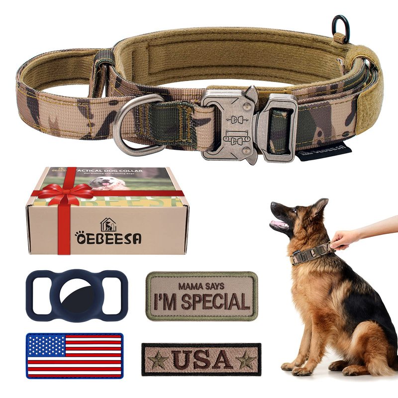 OEBEESA Tactical Dog Collar Adjustable Military Collar: - Nylon K9 Collars with Handle and Heavy Duty Metal Buckle for Medium and Large Dogs with 3 Patches and Airtag Case Holder (XL, Camo)