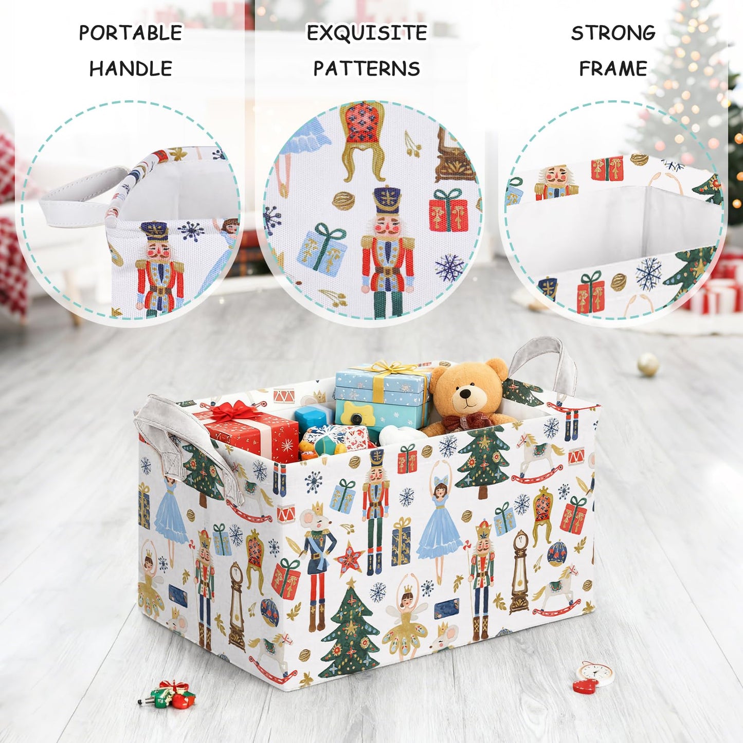 FYSUIMU 2Pcs Christmas Storage Basket Collapsible Canvas Organizer Cartoon Nutcracker Fabric Storage Bin with Handles for Shelf Closet Winter Xmas Home Organizer Decor