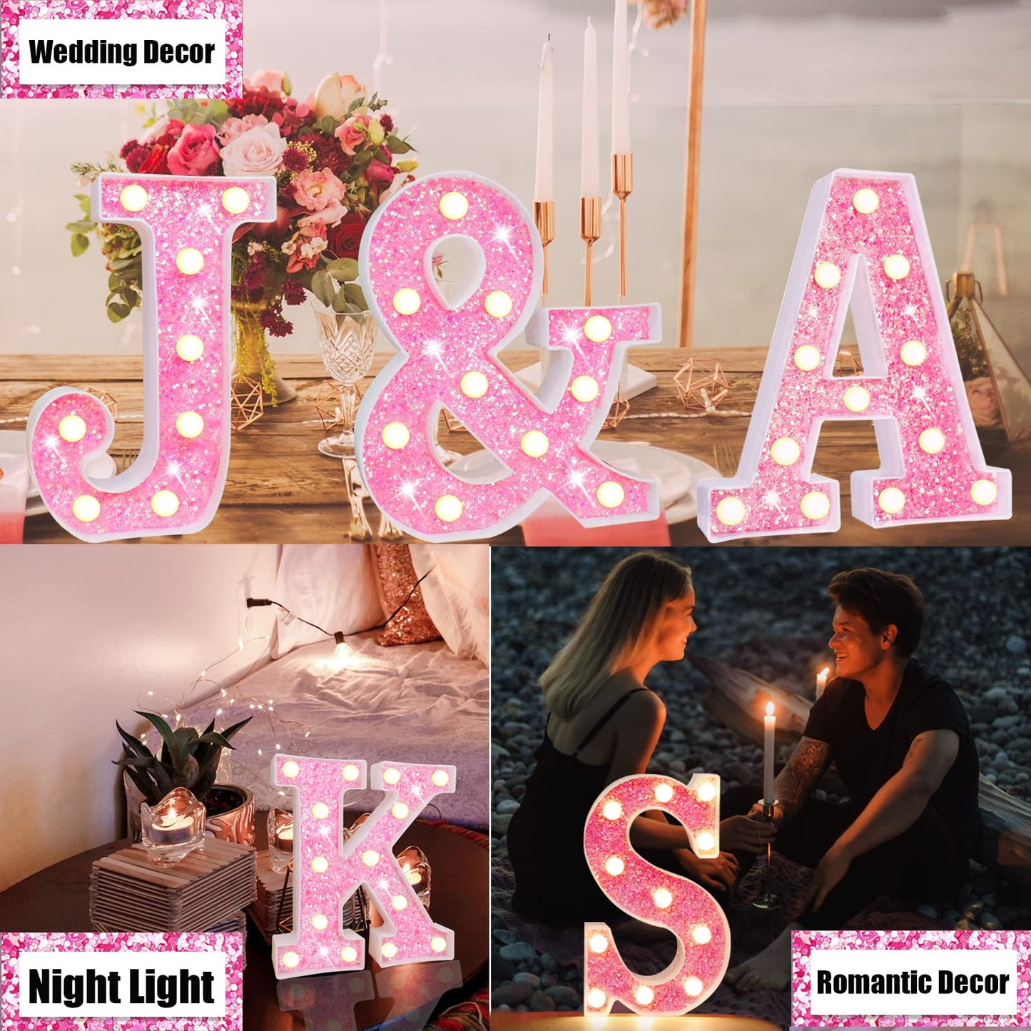 Light Up Letters, Glitter Alphabet Letter Sign Pink LED Marquee Letter Lights Battery Powered for Night Light Girls Bedroom Birthday Party Wedding Home Christmas Decorations Gift for Her-Pink D