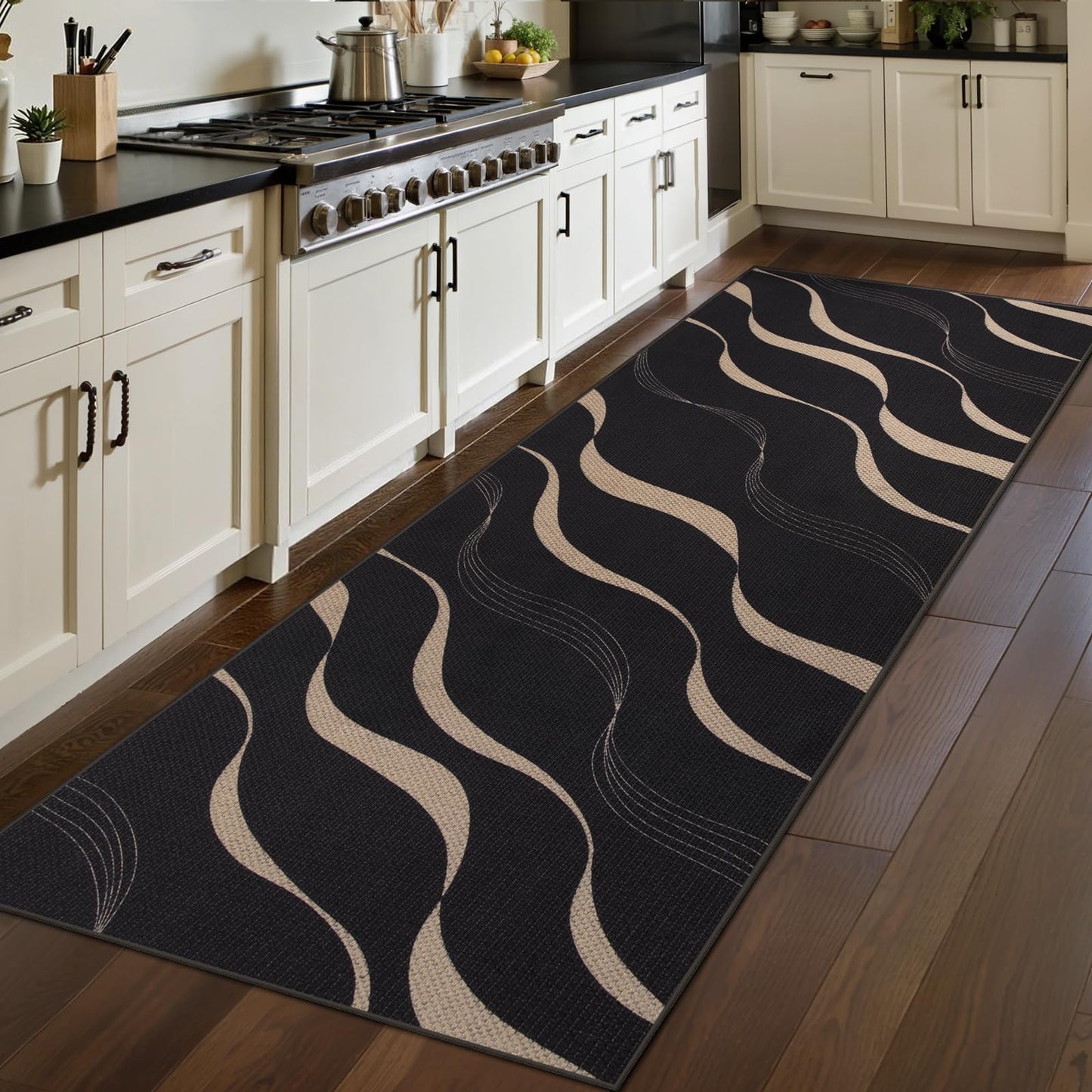 Tangsoo Easy Jute 2x6 Runner Rug for Hallways,Black Washable Non-Slip Outdoor Rug Runner,Modern Farmhouse Wavy Lines Thin Carpet Runner for Laundry Bedroom Kitchen Entryway Porch