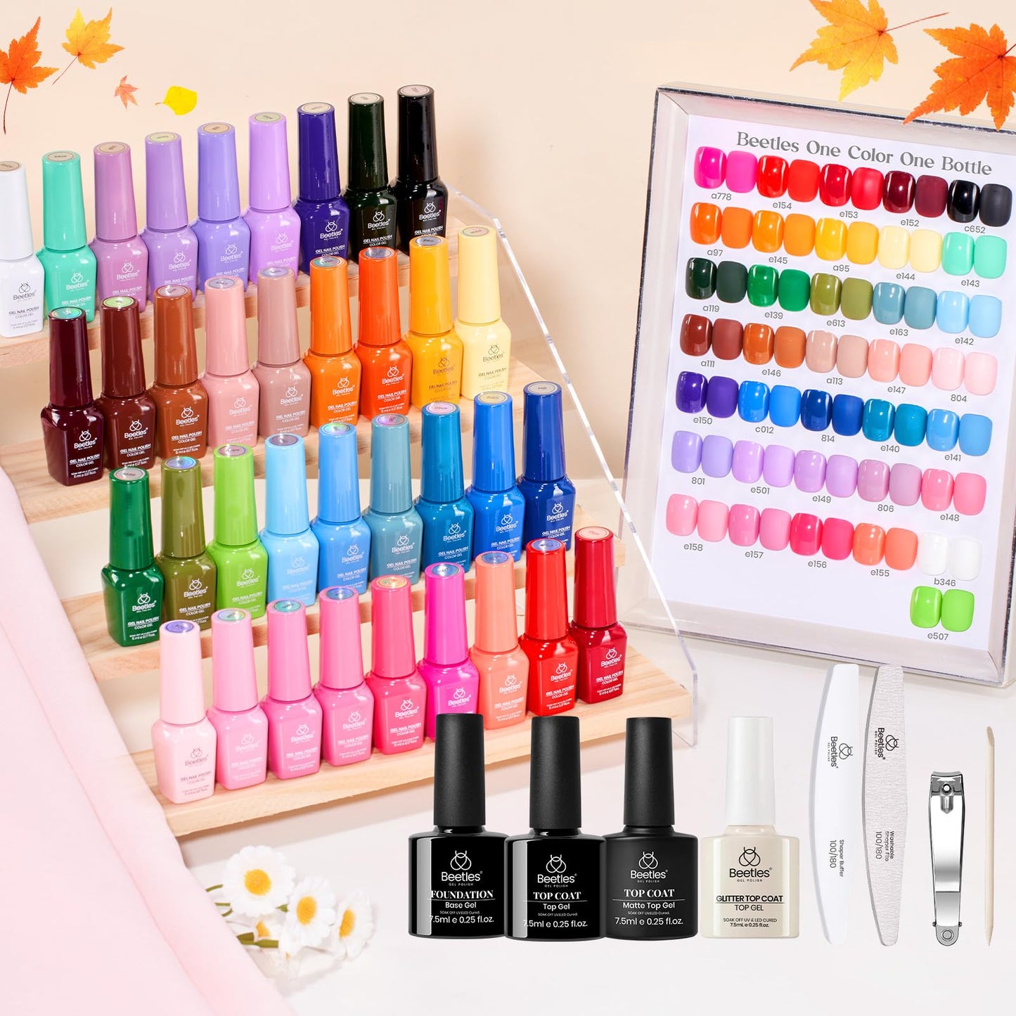 beetles Gel Polish 44pcs Fall Gel Nail Polish Set 36 Colors Brown Burgundy Red Blue Purple Orange Green Black Nude White with Base Top Coat UV LED Needed Salon DIY at Home Gift for Women Colorful Muse