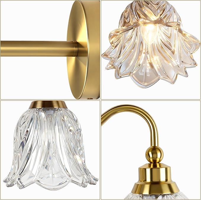 3-Lights Bathroom Vanity Light Gold Vintage Light Fixtures Floral Flower Matte Antique Brass Crystal Glass Shade, Wall Sconces Lighting for Living Room, Bedroom, Hallway（E12 Base）