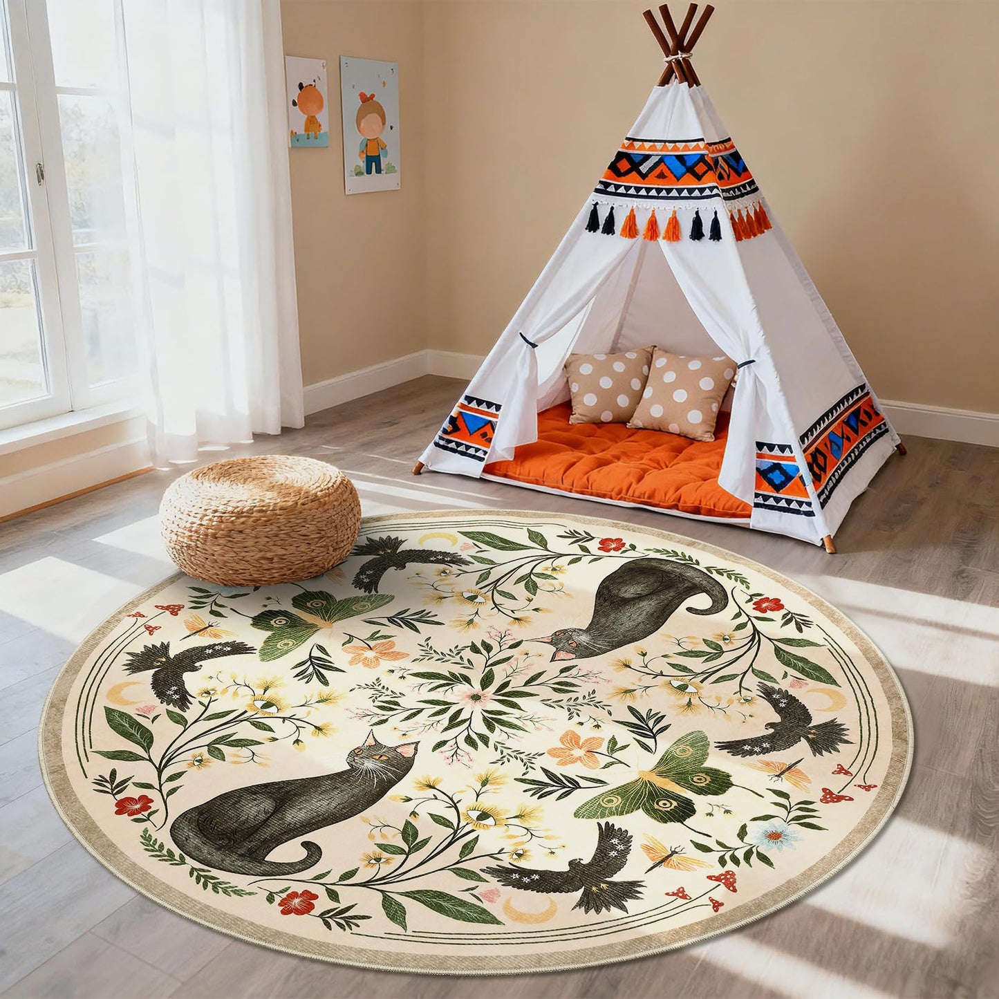 GarveeHome Round Area Rugs 5ft for Bedroom, Cat Beige Washable Circle Rug Soft Non Slip Mushroom Floral Floor Mat Carpet Indoor Thin Rug for Bedroom Dining Room Playroom Nursery Gothic Decor
