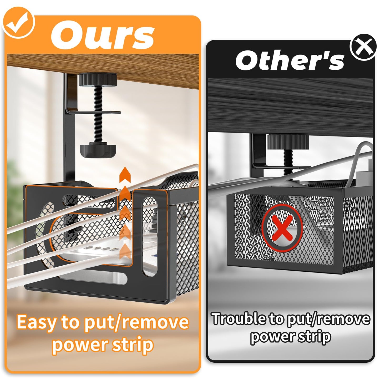 Under Desk Cable Management Tray, No Drill Steel Desk Cable Organizers, Wire Management Tray Cable Management Rack (24.4" Length-Black)