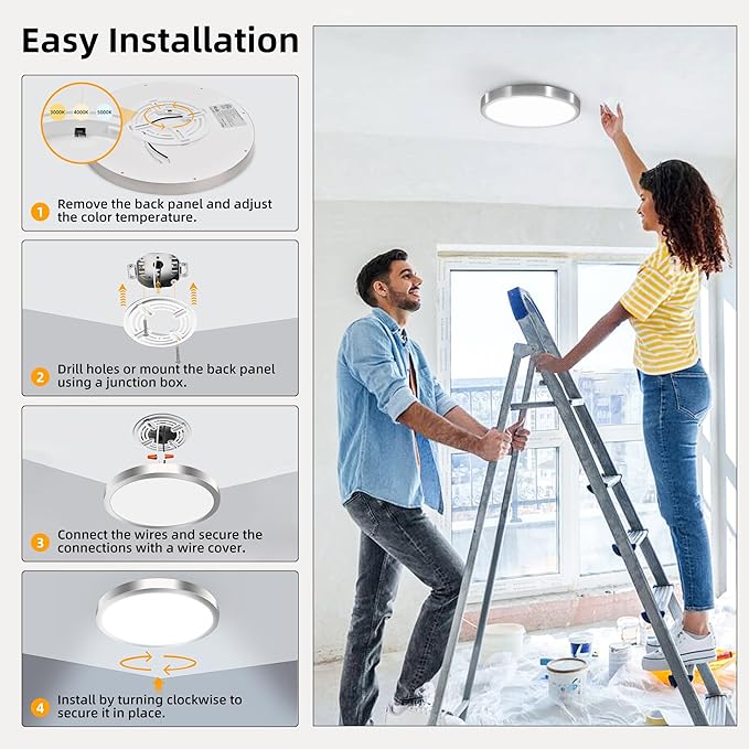 Hlite Brush Nickel 4pack 12 inch Flush Mount LED Ceiling Light Fixture, 24W 2400LM 3000K/4000K/5000K 3CCT Selectable Super Slim Light Fixtures Ceiling Mount for Kitchen, Bedroom