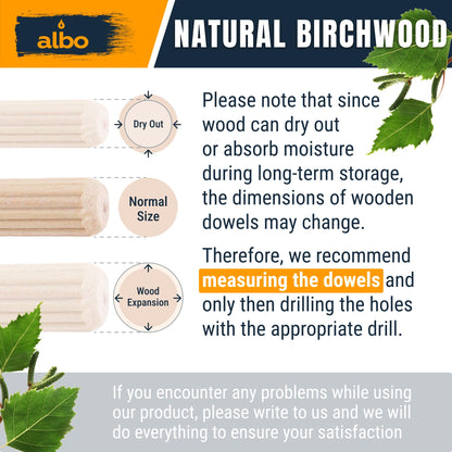 ALBO Wooden Dowel Pins 500 Pack Assorted Sizes 1/4 + 5/16 + 3/8 inch Fluted Wood Dowels Rods Hardwood Crafts Dowel Pegs