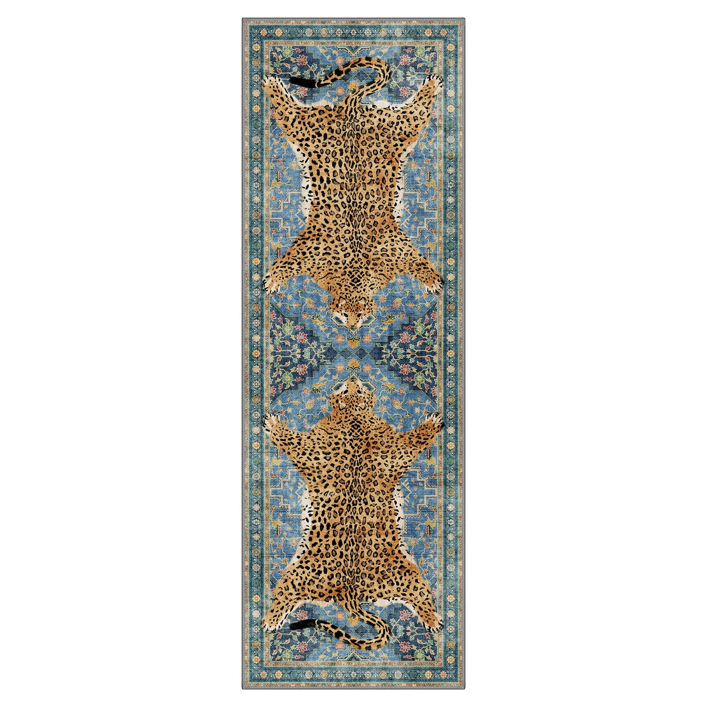Bavni 2x6 Leopard Rug, Soft Cheetah Rug Animal Print Kitchen Rug Washable Runner Rug Non Slip, Low Pile Runners for Hallway Print Woodland Jungle Carpet for Entryway Playroom Bedroom, Blue