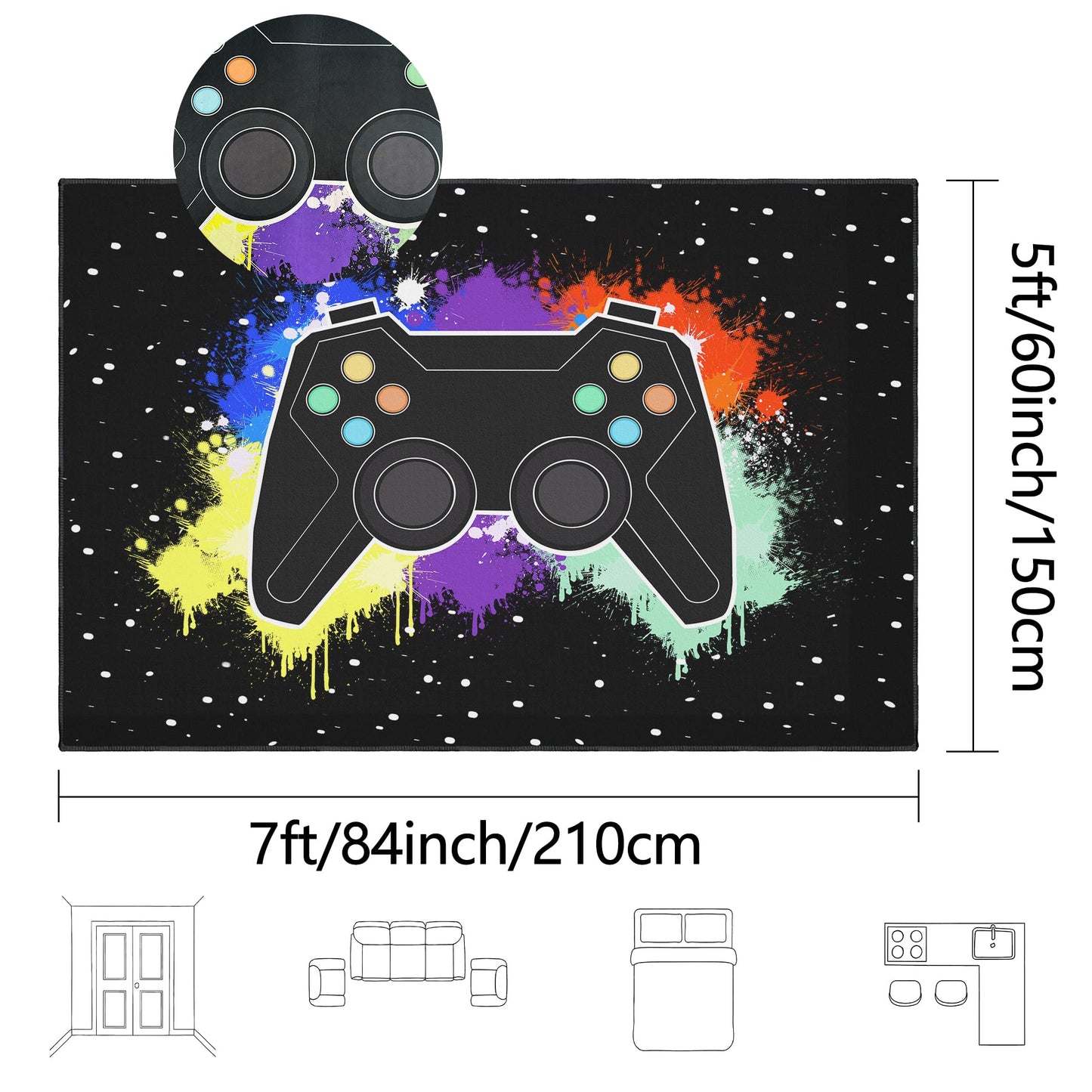 Vesocro Gamer Rug for Room,5x7 ft Non-Slip Cool Gaming Carpet for Bedroom Livingroom and Game Room Rugs Decor