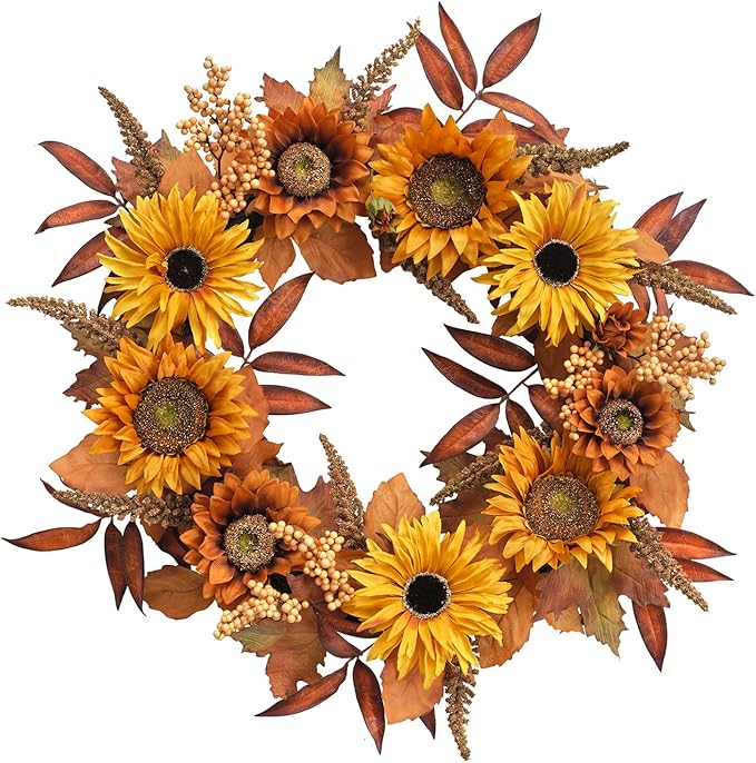 WELL KNOWN 21 Inch Burnt Orange Sunflower Wreaths for Front Door, Summer and Fall Door Wreath, Handmade Silk Sunflower Decor for Home Party Festival Wedding Decor