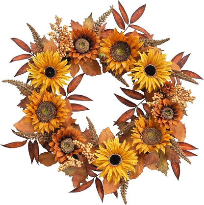 WELL KNOWN 21 Inch Burnt Orange Sunflower Wreaths for Front Door, Summer and Fall Door Wreath, Handmade Silk Sunflower Decor for Home Party Festival Wedding Decor