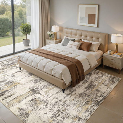 Area Rugs for Living Room: 5x7 Abstract Washable Rug Modern Neutral Large Soft Stain Resistant Non-Slip Backing Machine Table for Bedroom Dining Room Indoor Home Office Carpet - Gold Brown