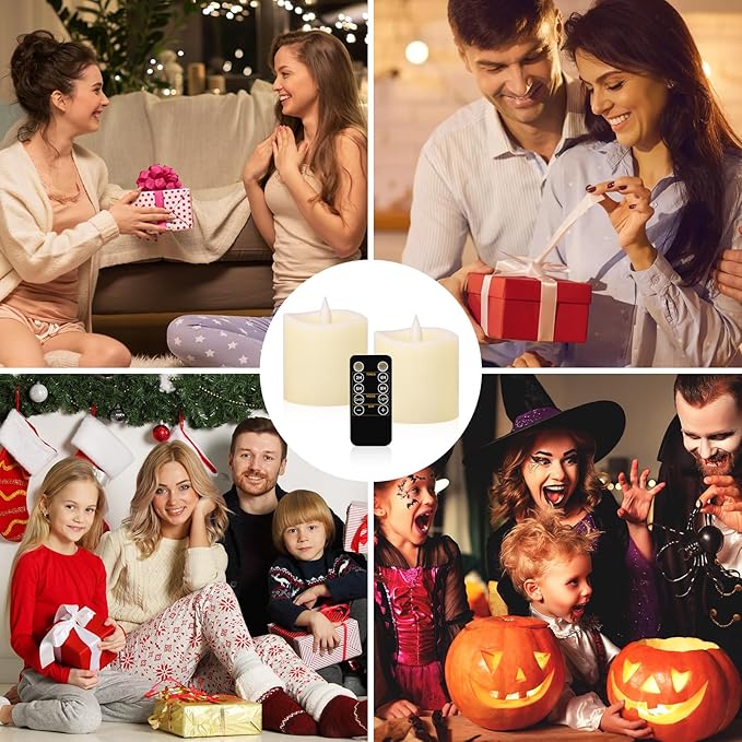 3x3 Flameless Candles with Remote & Timer - Battery Operated LED Pillar Candles, 600-Hour Long-Lasting, Flickering Effect for Valentine's Day, Indoor/Outdoor Decor (Ivory, 3x3 Inch, 2 Pack)