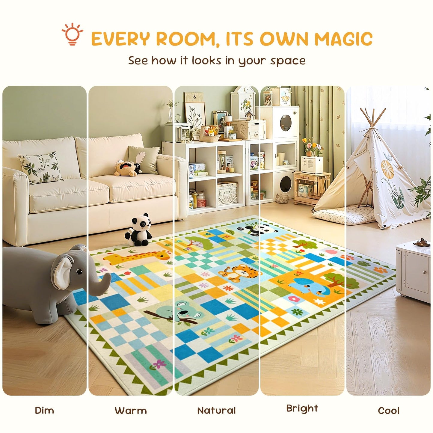 3x4 Washable Kid Playroom Rug, Unisex Green Safari Jungle Woodland Animal Toddler Carpet, Soft Non-Slip Baby Nursery Area Rug with Cute Colorful Checkered Design for Boy Bedroom