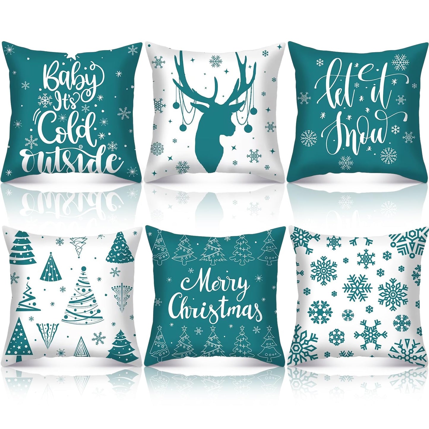 VitalCozy 6 Pcs 18 x 18 inch Christmas Throw Pillow Covers Xmas Cushion Covers Pillow Cases Snowflake Winter Throw Pillow Covers Christmas Decor for Bedroom Sofa Couch Cushion Square Home (Teal)