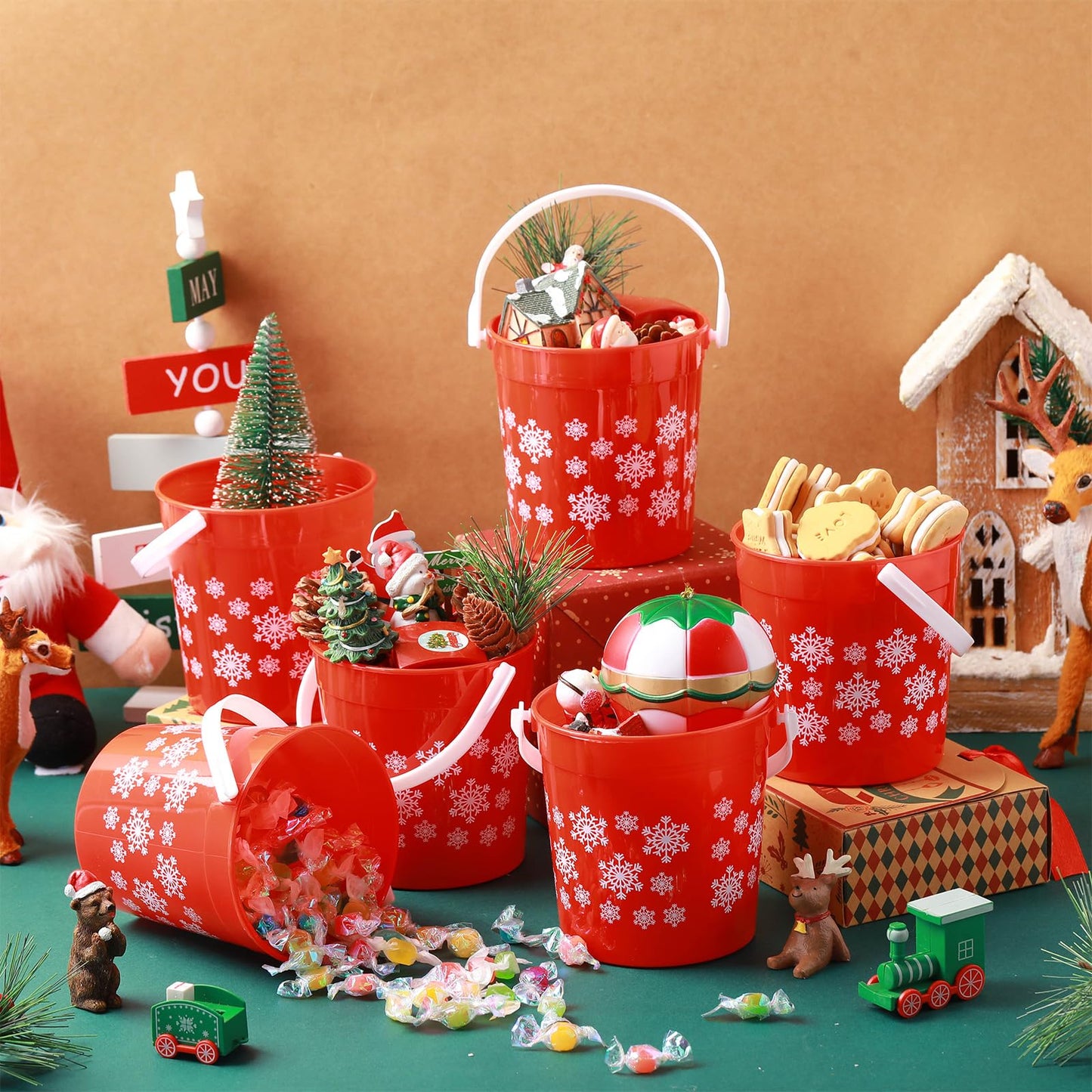 Sunnychicc 24 Pcs Christmas Plastic Buckets with Handle 4.69 x 3.78 x 4.8 Inch Christmas Snowflake Buckets Small Red Candy Pails Gifts Decorative Item Baskets for Winter Holiday Party Decorations