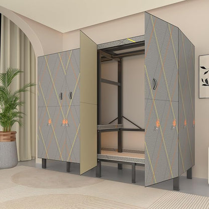 Foldable Portable Wardrobe Closet with Magnetic Doors & Cover, Heavy Duty Covered Clothes Rack with Hanging Clothing Rod, Metal Frame Standing Alone Closet for Bedroom (Door Design D, 70.9IN/180CM)