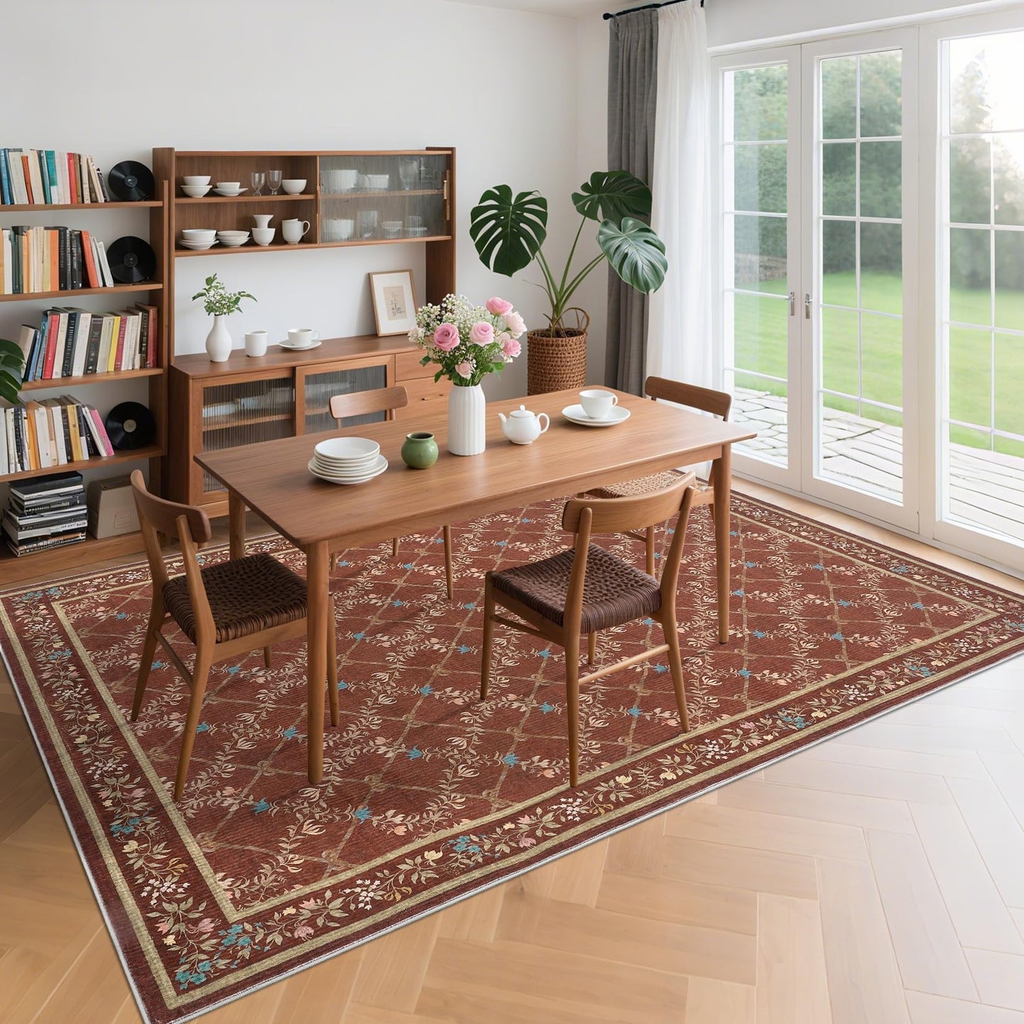 Garvee 8x10 Rugs for Living Room Floral Rug for Bedroom Washable Rugs Stain Resistant Easy Cleaning Non Slip Floor Cover for Dining Room Office Nursery, Red