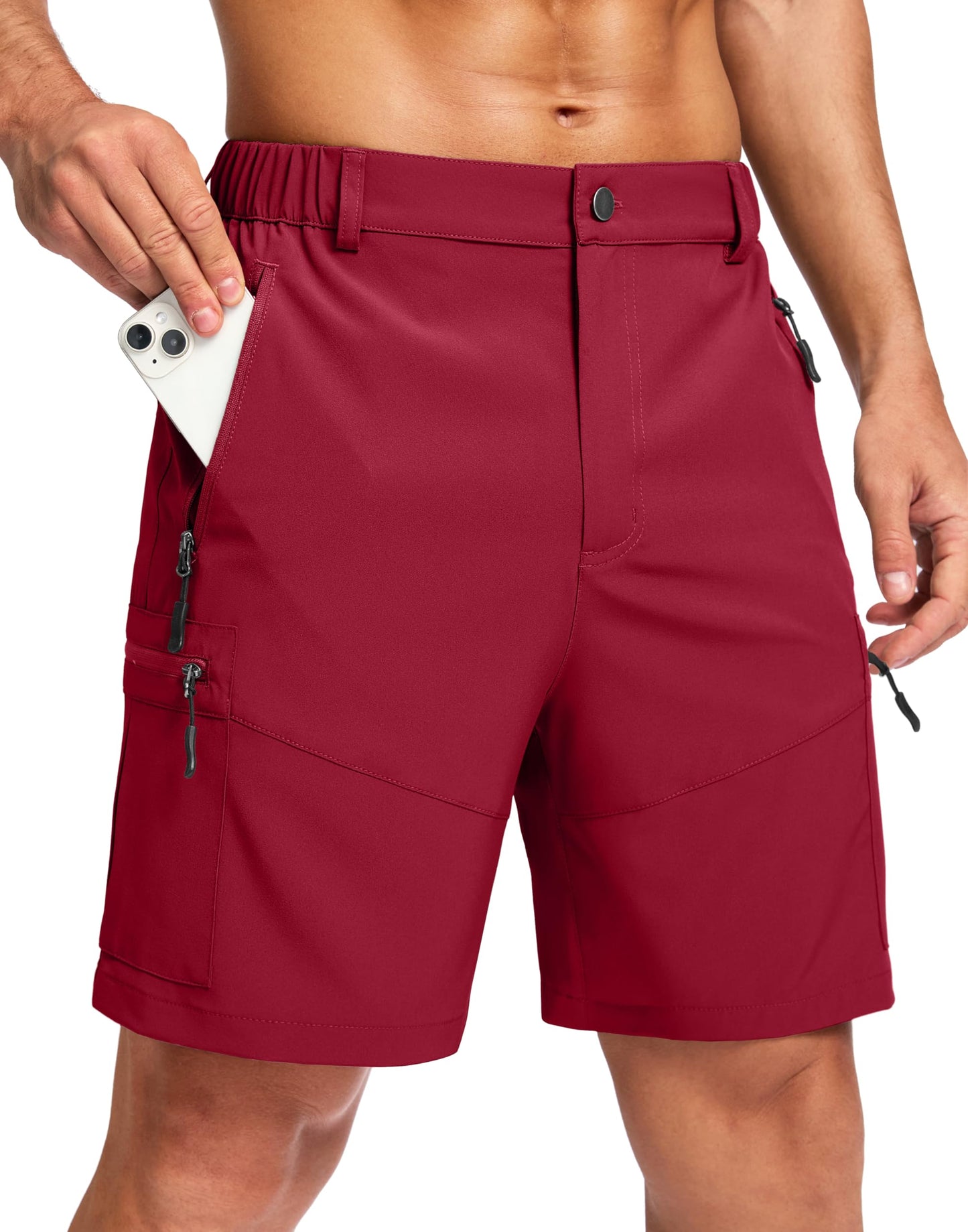Pudolla Men's Hiking Cargo Shorts Lightweight 7" Travel Casual Shorts for Men Golf Work Outdoor with 5 Zipper Pockets(Red X-Large)