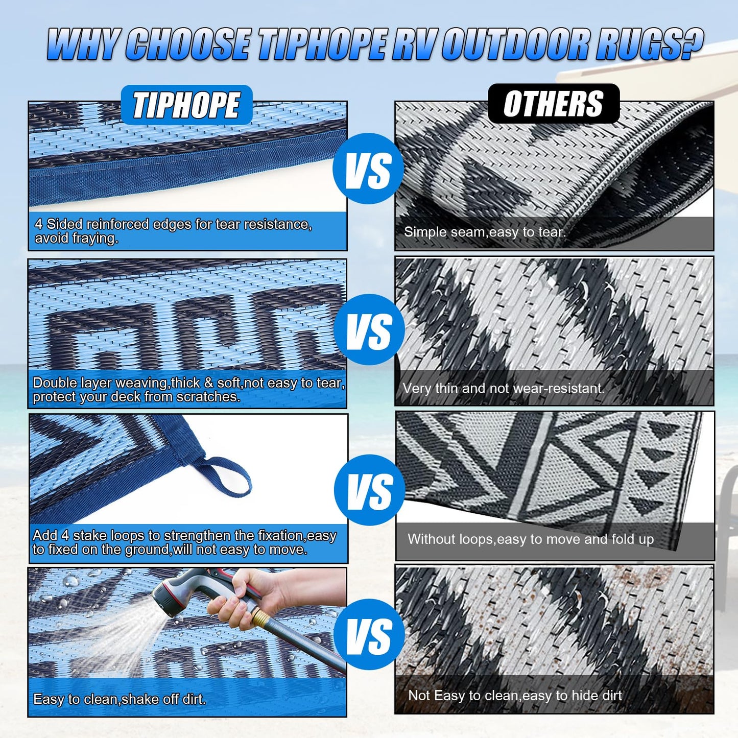TIPHOPE RV Outdoor Rugs,Waterproof 9x6 FT Outdoor Camping Rugs Foldable Camper Rugs with Carrying Bag Large Floor Rug for Outdoor Camping,Beach,Picnic,Lightweight
