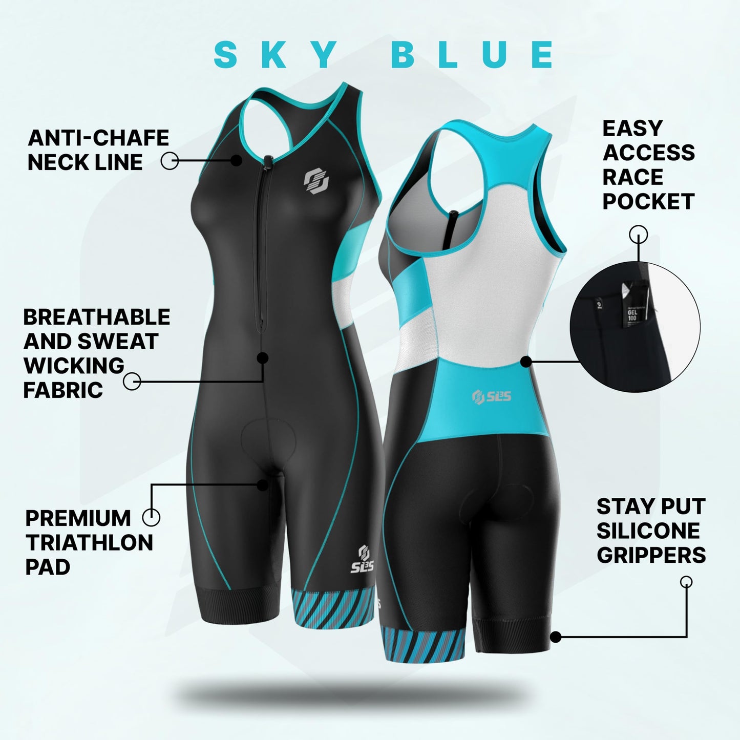SLS3 Triathlon Suits Women – Sleeveless Trisuit Women - Premium FX Fabric, Tri Suit Womens Triathlon Suit, No Shelf Bra (Sky Blue, X-Small).