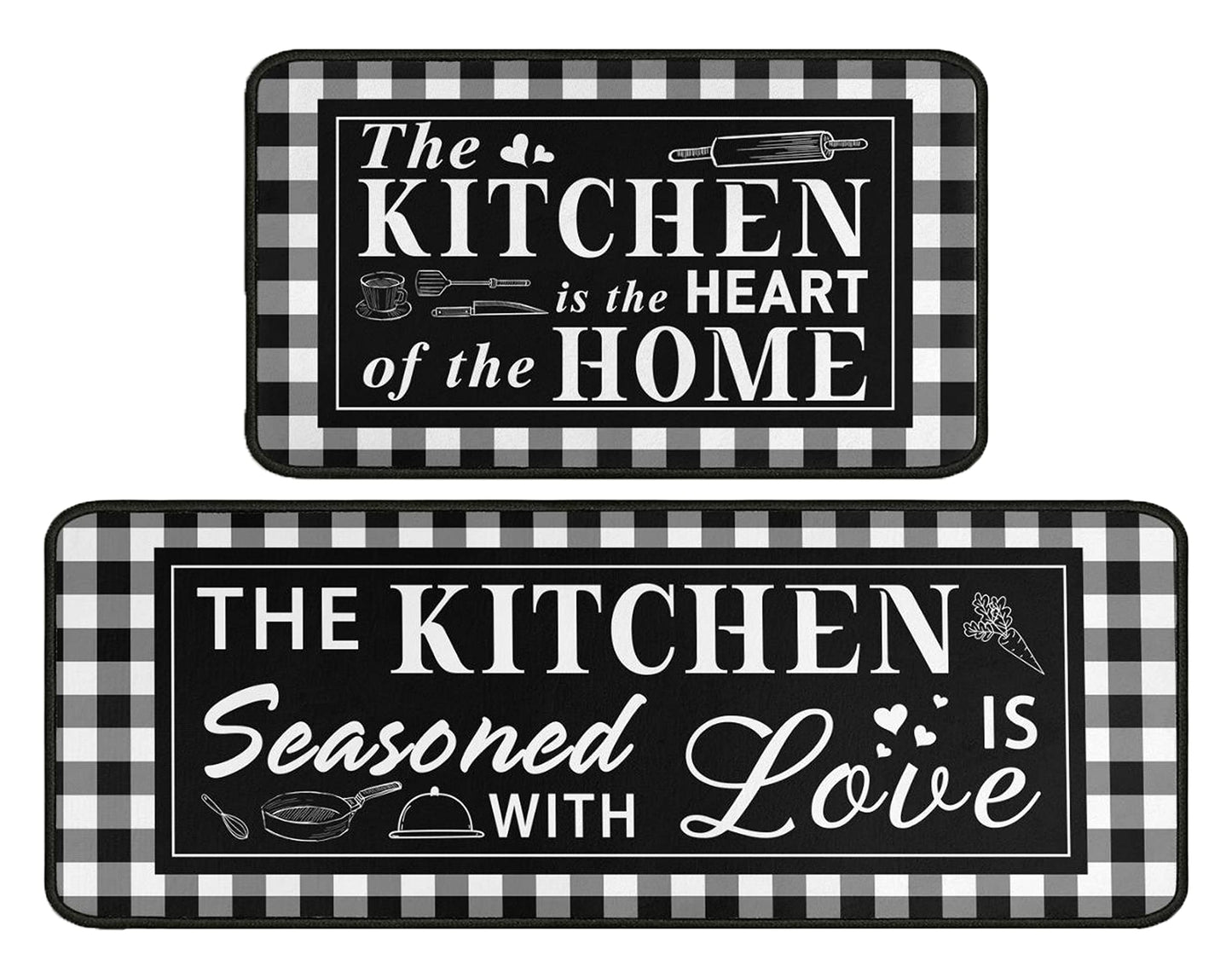 2 Piece Buffalo Plaid Black and White Kitchen Rug Set, Home Kitchen Sink Rugs and Mats Non Skid Washable Absorbent Microfiber Kitchen Floor Decor Carpet 17" x 47"+17" x 30" Tapetes para Cocina
