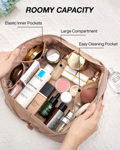 BAGSMART Makeup Bag, Travel Cosmetic Bags Water-resistent Makeup Case for Women Portable Pouch Open Flat Make Up Organizer for Toiletries, Brushes, Pink