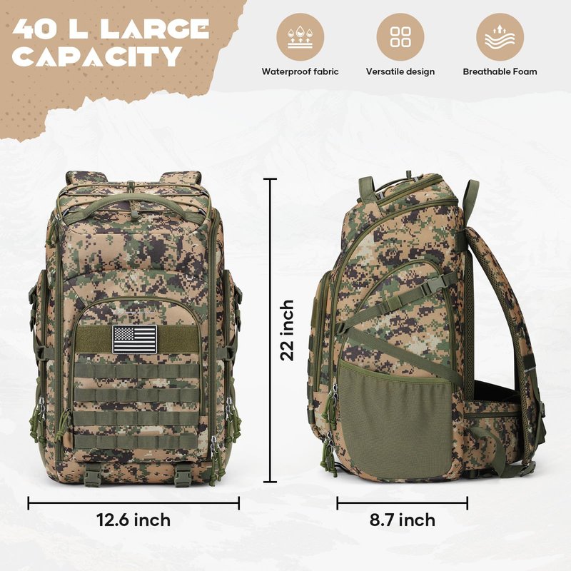 Maelstrom Tactical Backpack for Men, Water Resistant 40L Military Backpack, for Hiking, Camping, Gym with Molle System (Camouflage Green)