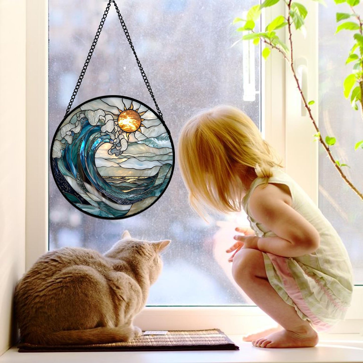 DASTOLL Stained Glass Window Hanging, Blue and White Waves Suncatcher Diamond Glass Panel Landscape Sun Catchers Decor for Birthday for Women, Men, Wife, Aunt, and Mom 9.8 in