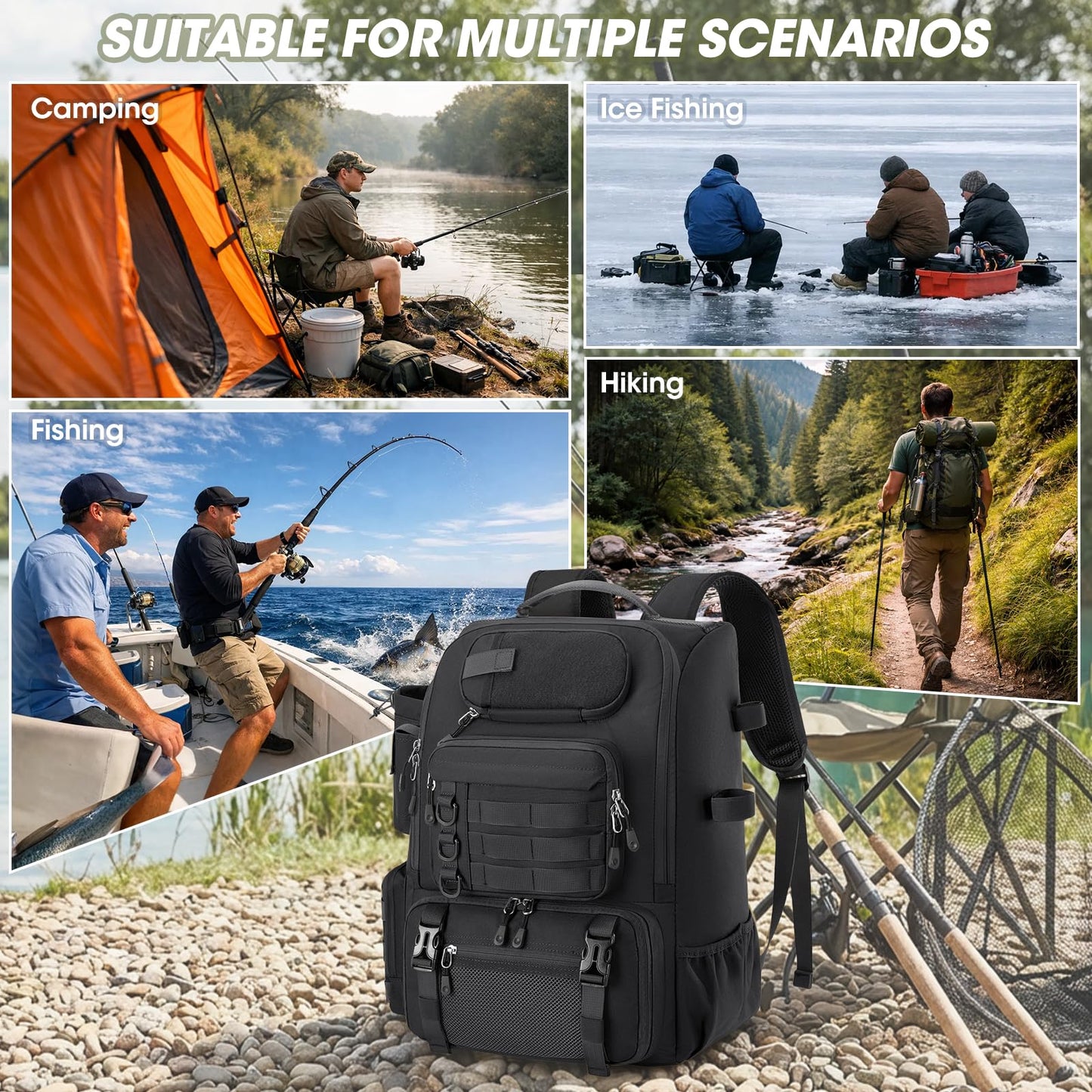 RAINSMORE 40L Fishing Backpack with Rod Holders & Cooler Compartment Water-Resistant Fishing Tackle Backpack with Rain Cover, Fits 4 x 3600 Boxes, Outdoor Gear Pack for Fishing & Camping