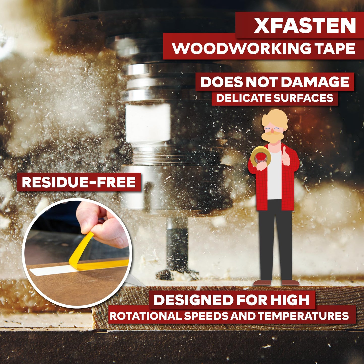 XFasten Double Sided Woodworking Tape 1 Inch x 108 Feet (3-Pack), Residue-Free, Removable Double Sided Woodworking Masking Tape for Wood Template, Mounting Boards MDF Edge Banding, Routing, Anchoring