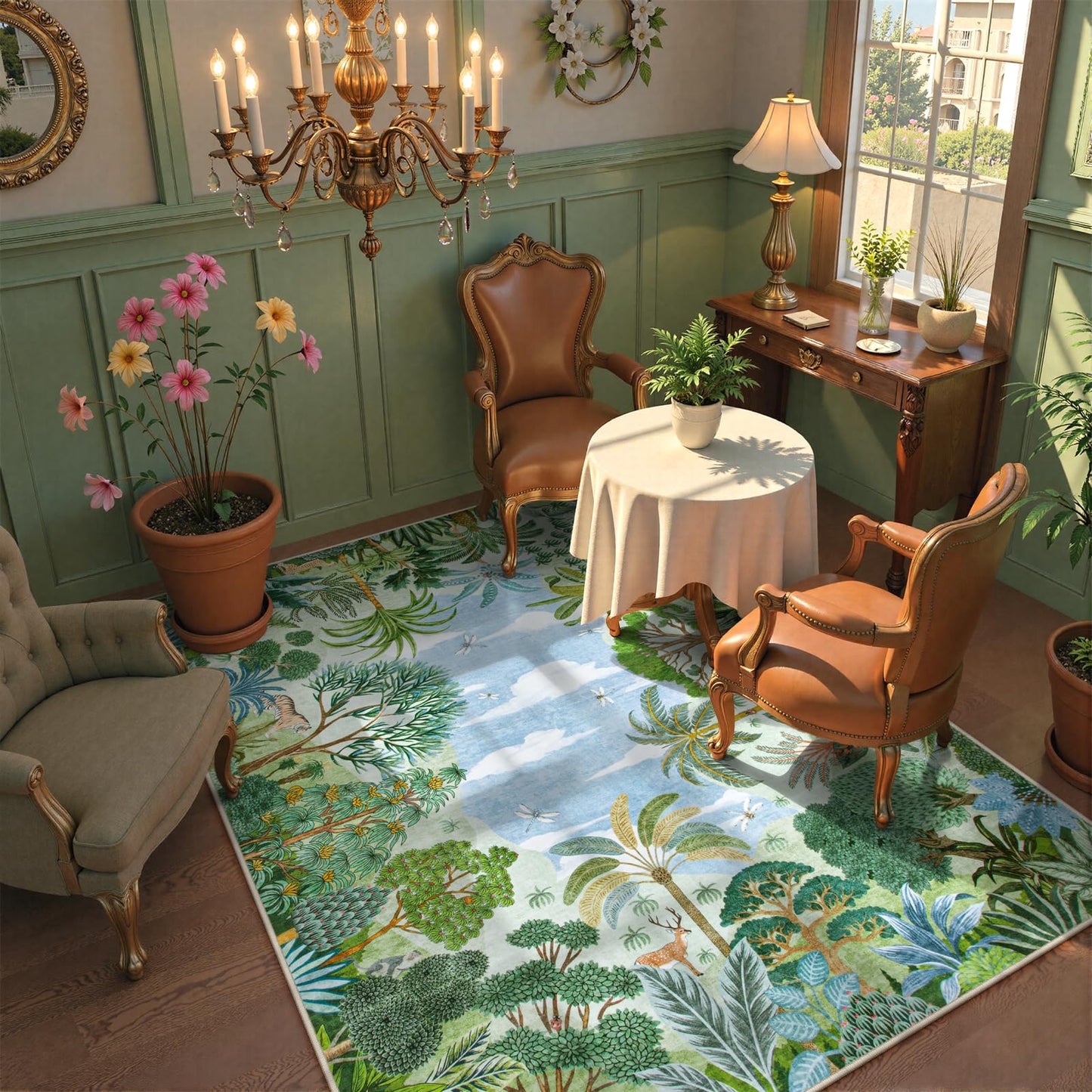 Lahome Jovence Summer Jungle Rug, Washable Rugs 5x7 for Bedroom, Green Forest Soft Carpet for Living Room, Summer Season Non Slip Non Shedding Dining Room Carpet for Under Table Classroom Entryway