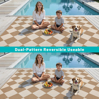 HEBE Checkered Outdoor Rug Waterproof 8x10, Reversible Plastic Straw Rug RV Camping Rug, Indoor Outdoor Patio Mat Clearance, Outside Carpet for Porch,Deck,Camper,Balcony,Backyard,Picnic
