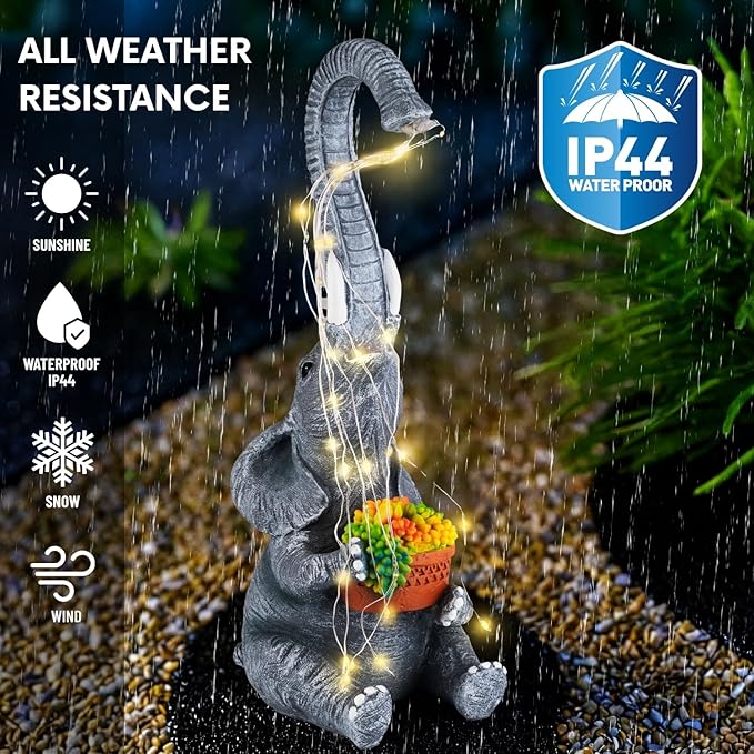 Elephant Garden Statue with Solar Watering Lights, Outdoor Resin Animal Sculpture for Patio, Lawn, Yard – Unique Gift for Women, Mom, Grandma (Grey Succulents)