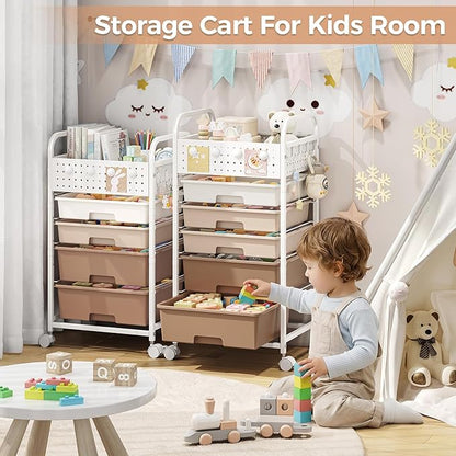 5 Drawer Rolling Storage Cart with Pegboard Top and Hooks, Mobile Organizer Cart with Wheels for Office Supplies, Craft Storage, Classroom Organization, Home Utility Cart, Brown
