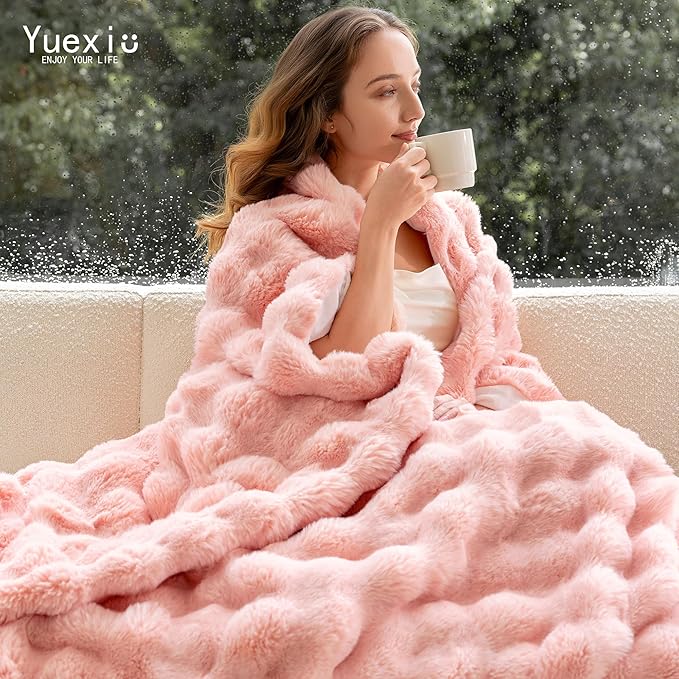 Luxury Faux Fur Throw Blanket 3D Bubble for Couch - Fluffy Blanket Double-Sided Non-Shedding, 50x60 Inches, Fits Bed/Car/Camping/Patio, Gift for Women,Room Decor,Pink