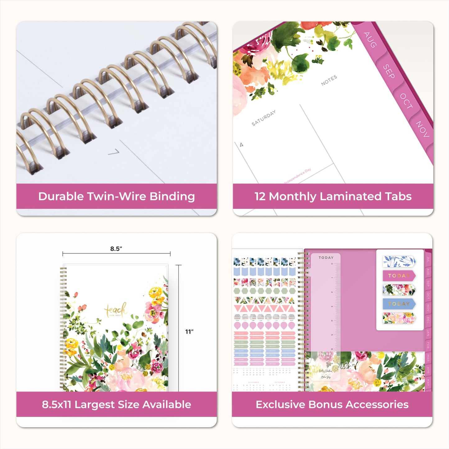 Blue Sky Kelly Ventura 2026-2027 Weekly and Monthly Academic Year Teacher Lesson Planner Calendar, July 2026 - June 2027, 8.5" x 11", Flexible Cover, Wirebound, Laminated Tabs, Storage Pocket, Magnetic & Snap In Book Marks, Includes Stickers, Summertime B